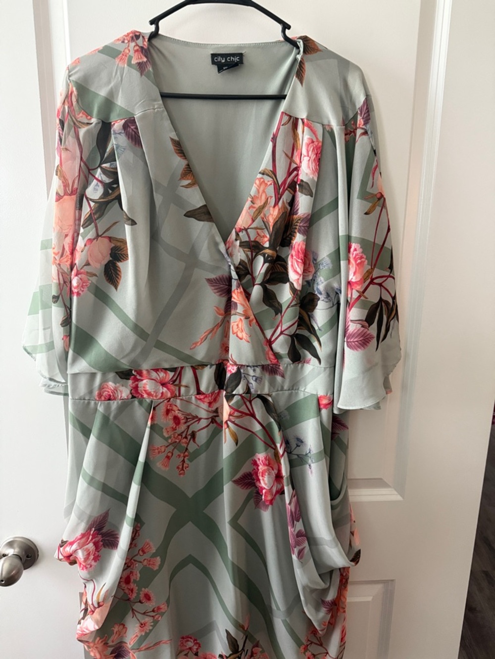 City Chic Sage Green Floral Wrap Dress with Pink Accents